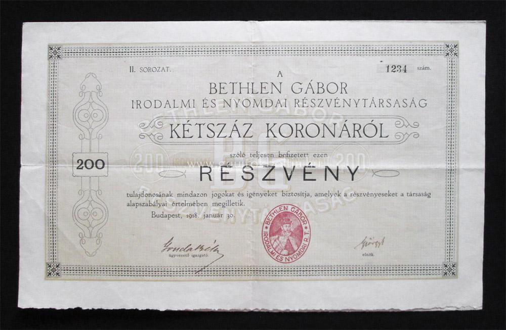 Bethlen Gábor Irodalmi és Nyomda részvény 200 korona 1918